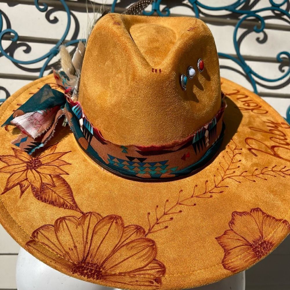 Hand Burned Hat | Wide Brim Hat | Branded Hat | wildflowers faux suede hat | Don - Picture 5 of 9